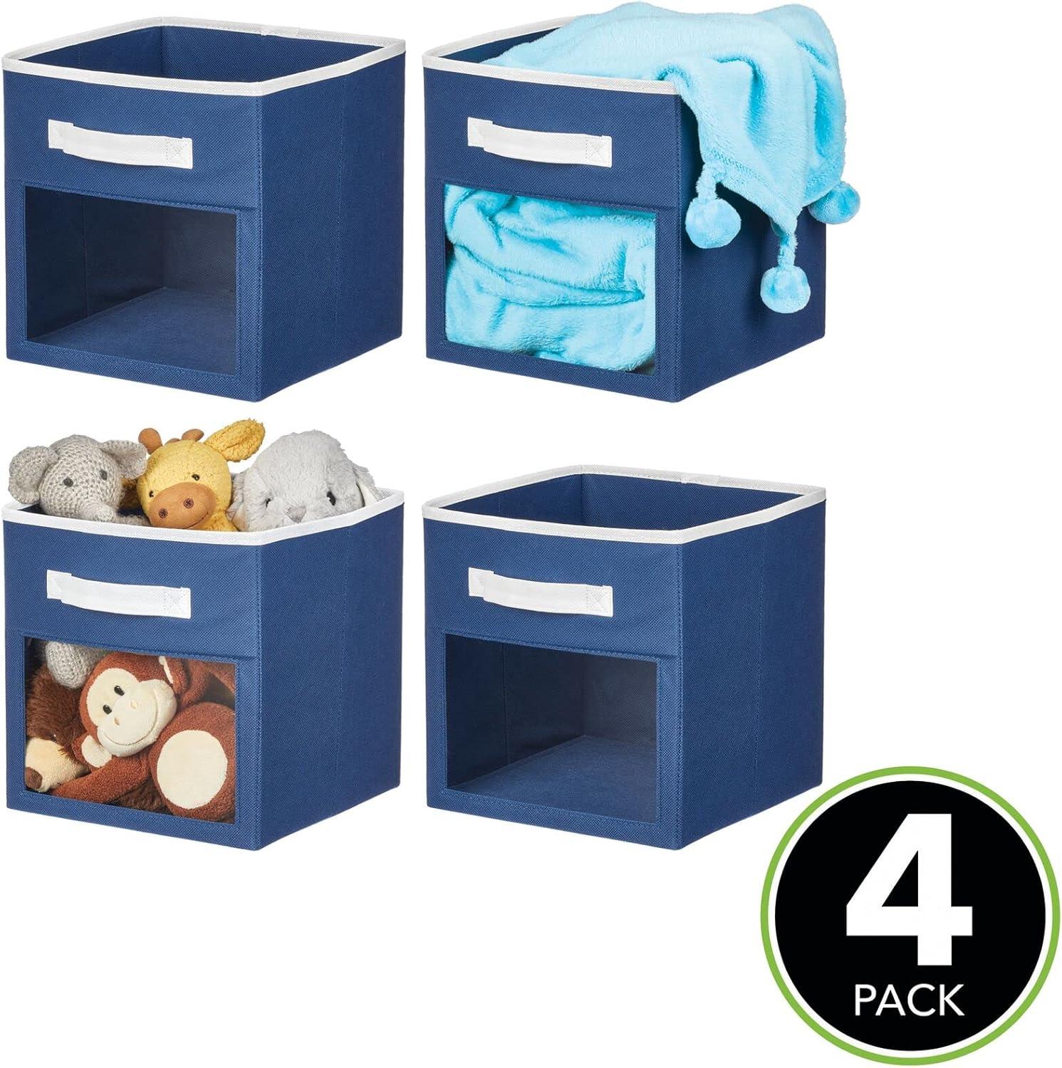 mDesign Fabric Nursery Storage Cube with Front Window, 4 Pack - Navy Blue/White