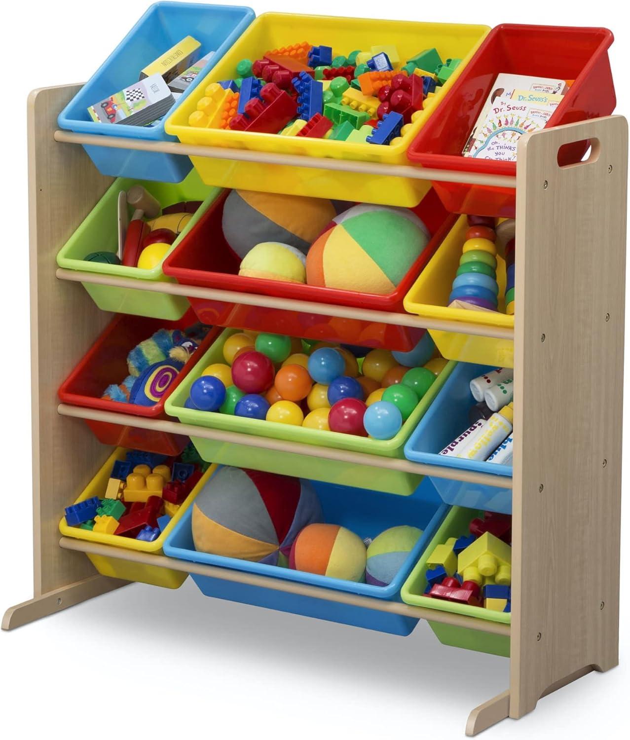 Natural Wood Kids Storage Organizer with Primary Color Bins