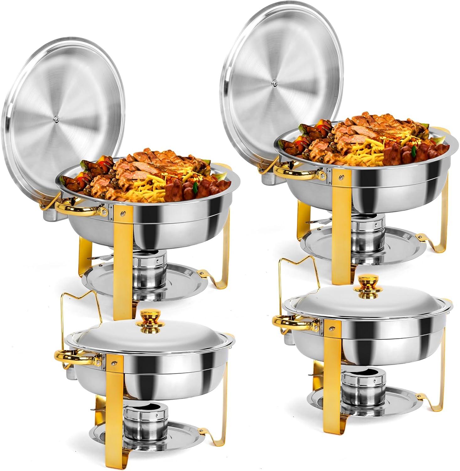 ROVSUN Gold Chafing Dishes for Buffet, 5 Qt 4 Pack Round Stainless Steel Chafing Dish Set with Lid Holder, Buffet Warmer Set for Parties, Christmas Gatherings, Catering Events, Weddings
