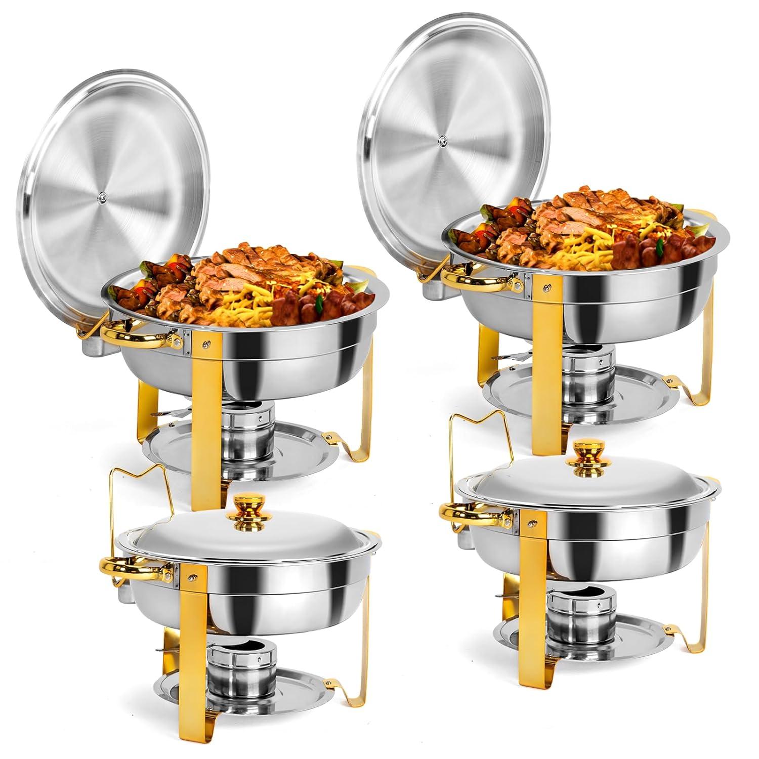 ROVSUN Gold Chafing Dishes for Buffet, 5 Qt 4 Pack Round Stainless Steel Chafing Dish Set with Lid Holder, Buffet Warmer Set for Parties, Christmas Gatherings, Catering Events, Weddings