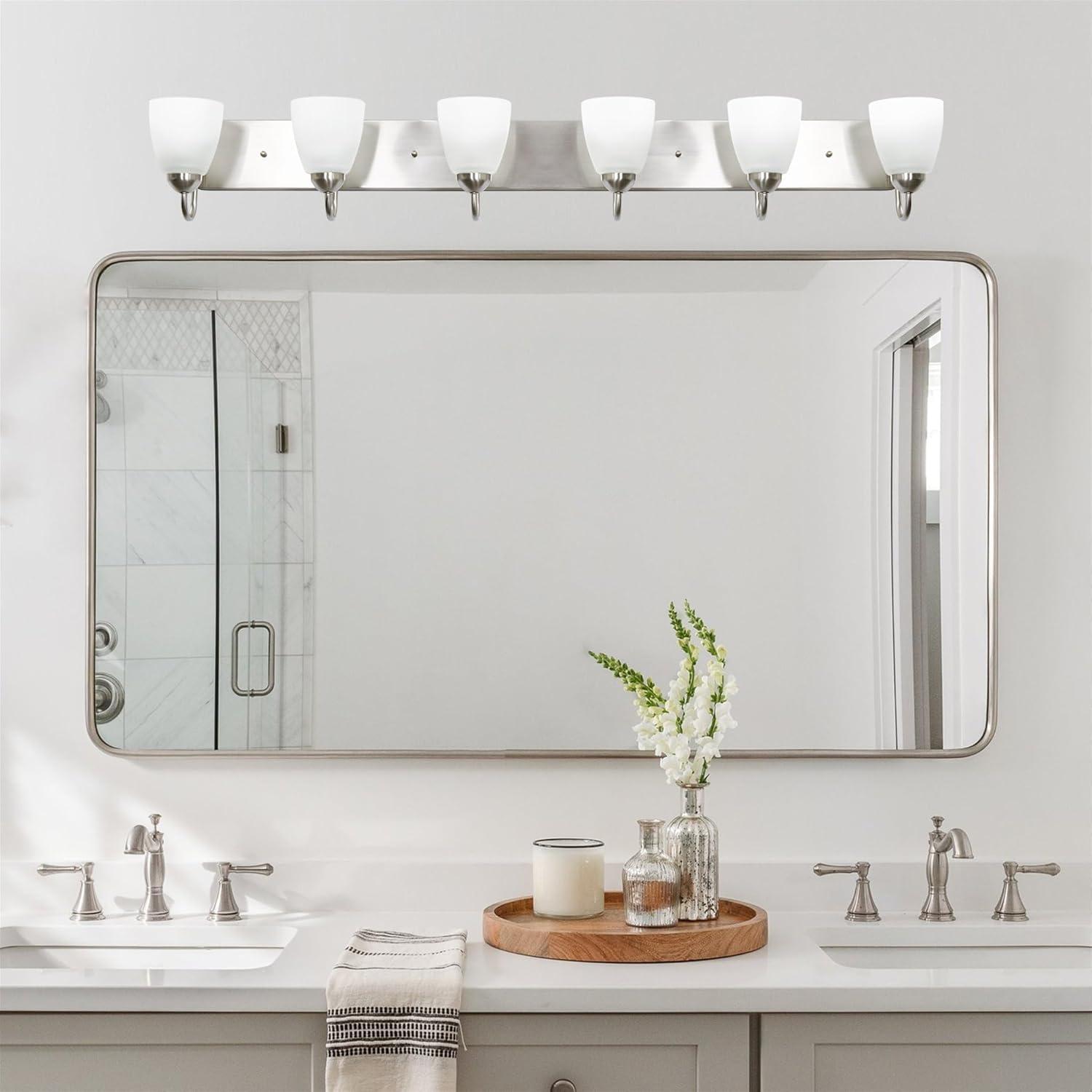 Kira Home Armada 37" 5-Light Over Mirror / Bathroom Light, Frosted Glass Shades, Curved Arms, Brushed Nickel