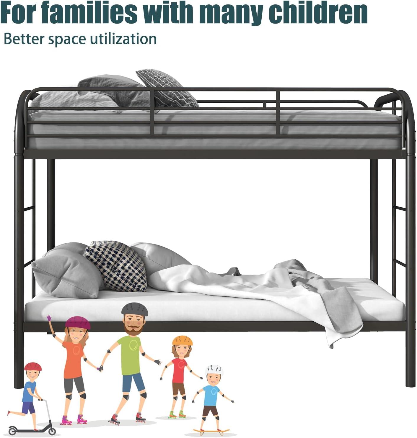 Black Twin Metal Bunk Bed with Safety Rails and Storage Drawer