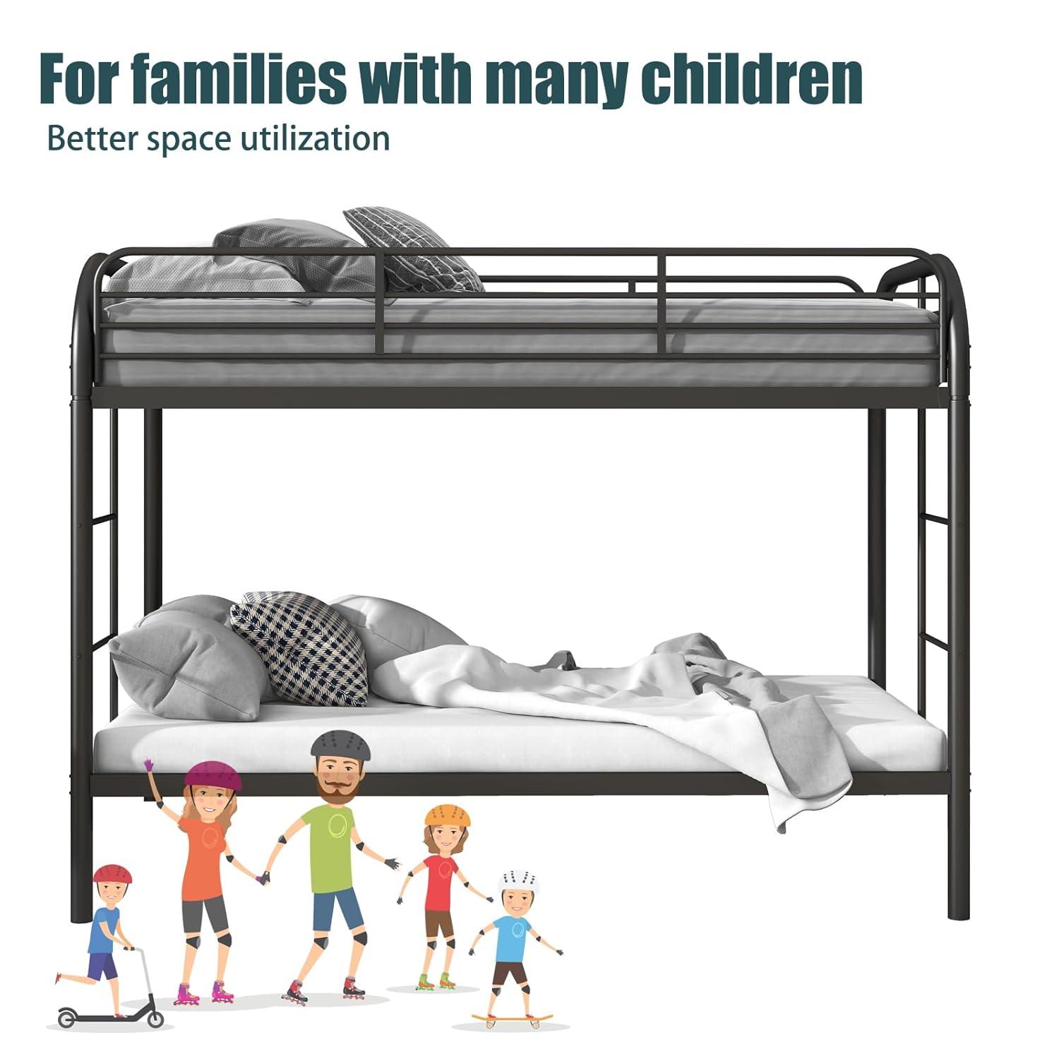 Black Twin Metal Bunk Bed with Safety Rails and Storage Drawer