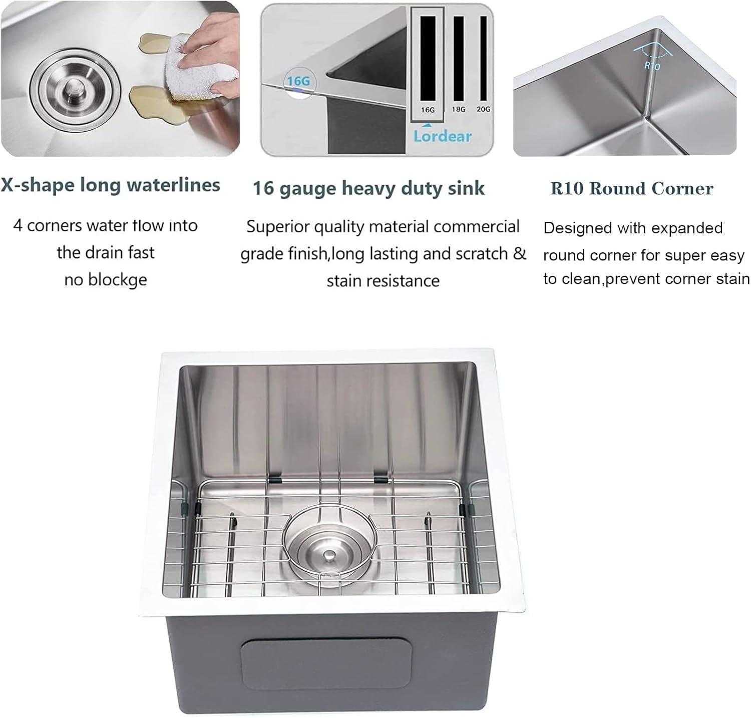 Lordear Undermount Kitchen Sinks 23 inch Small Undermount Bar Sink,16-Gauge Stainless Steel Single Bowl Bar Prep Kitchen Sink One Basin 23x18x10 Inch Handmade