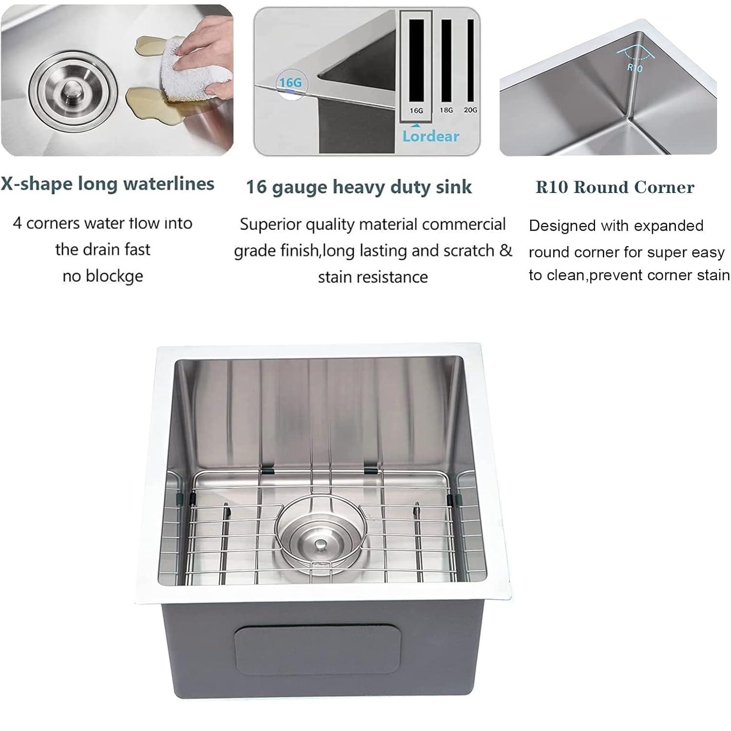 Lordear Undermount Kitchen Sinks 23 inch Small Undermount Bar Sink,16-Gauge Stainless Steel Single Bowl Bar Prep Kitchen Sink One Basin 23x18x10 Inch Handmade