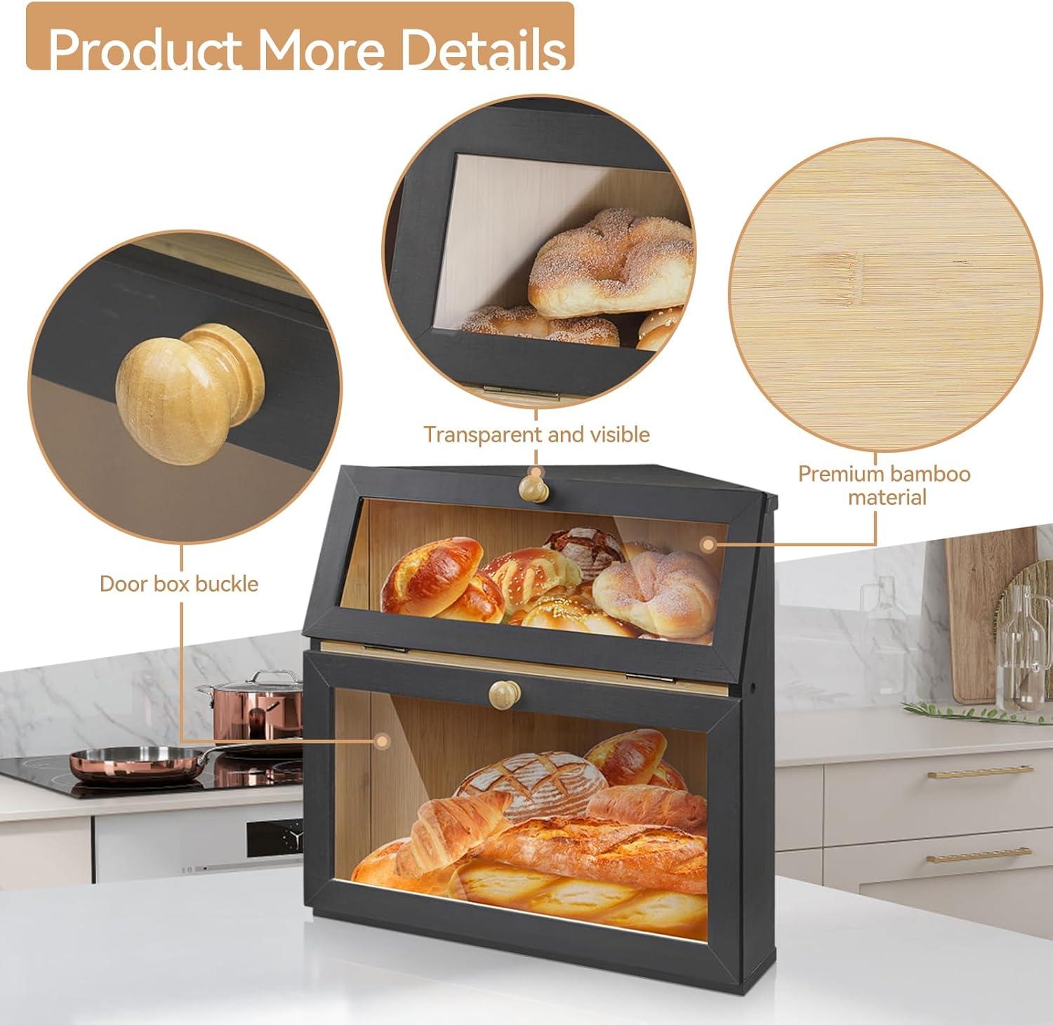 hghfhj   HOMEKOKO Double Layer Large Bread Box for Kitchen Counter  Wooden Large Capacity Bread Storage Bin (Black)
