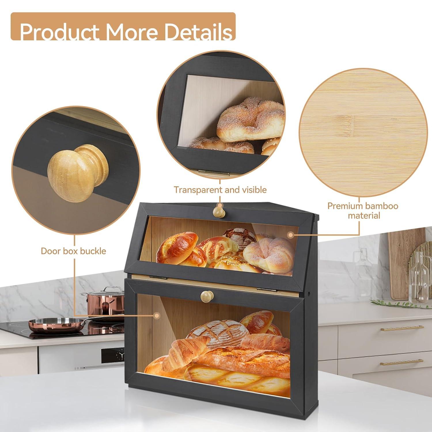 Bamboo Bread Container for Countertop, Double Layer Bread Storage with Acrylic Door Panel, Wooden Large Capacity Storage Bins for Kitchen Pantry Cupboard(Black)
