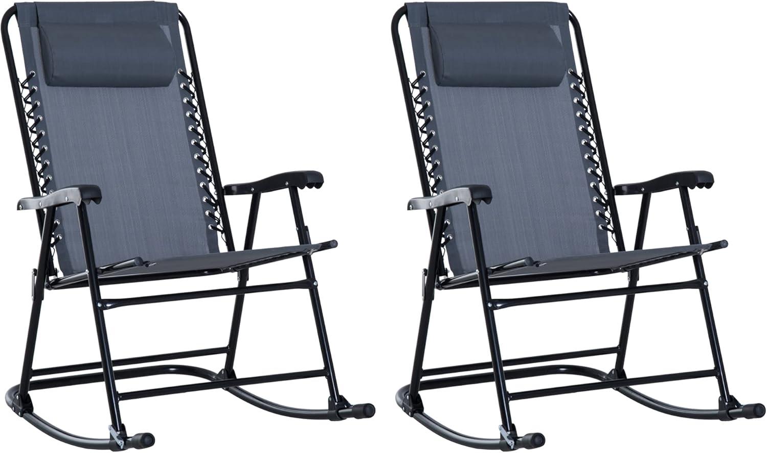 Outsunny Folding Rocking Chairs, Outdoor Camping Chairs w/ Headrests, Gray