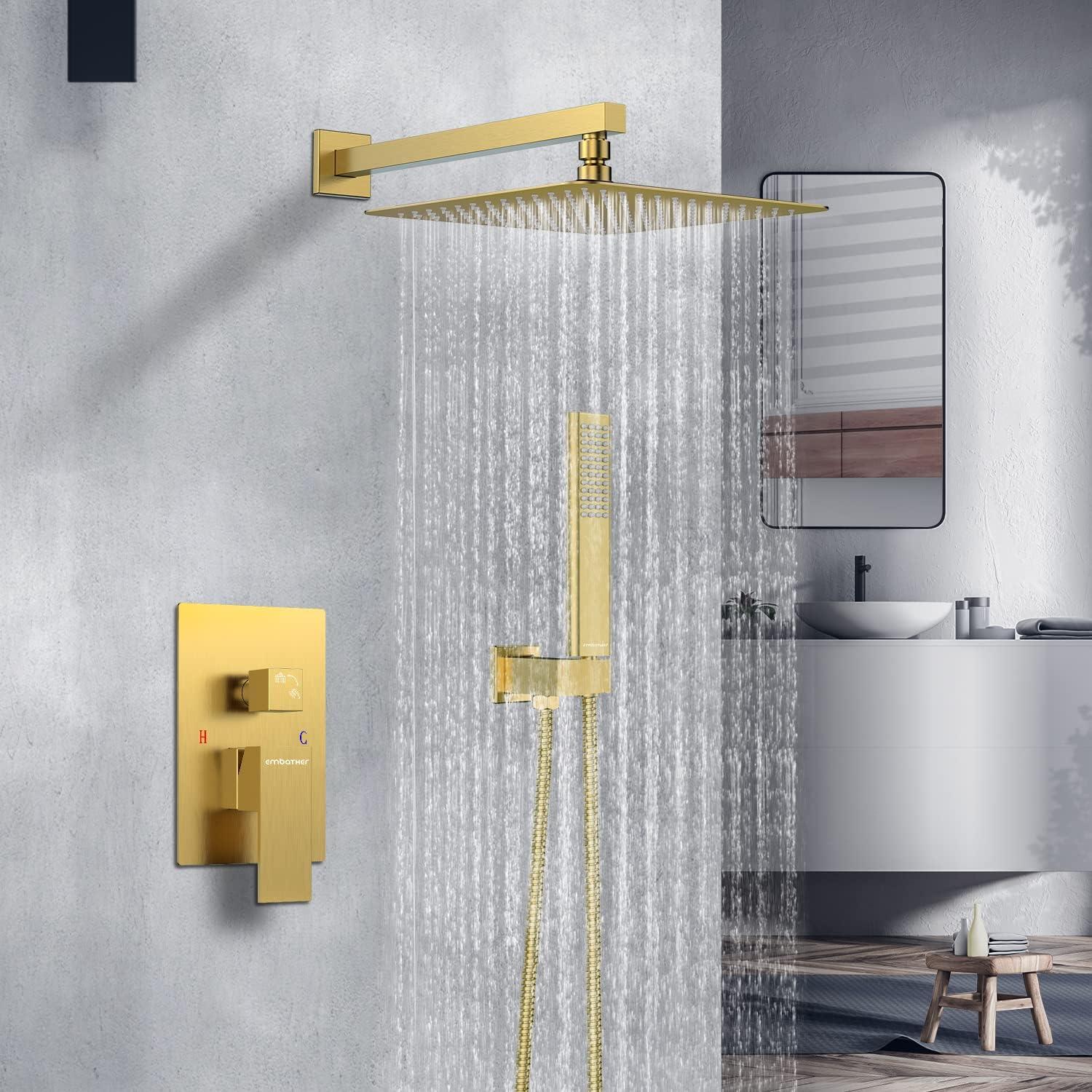 EMBATHER Black Shower System 12 Inches Shower Faucet Set with Square Rain Shower Head and Handheld For Bathroom, Matte Black Shower Combo Set Wall Mounted (Rough-in Valve & Trim Included)