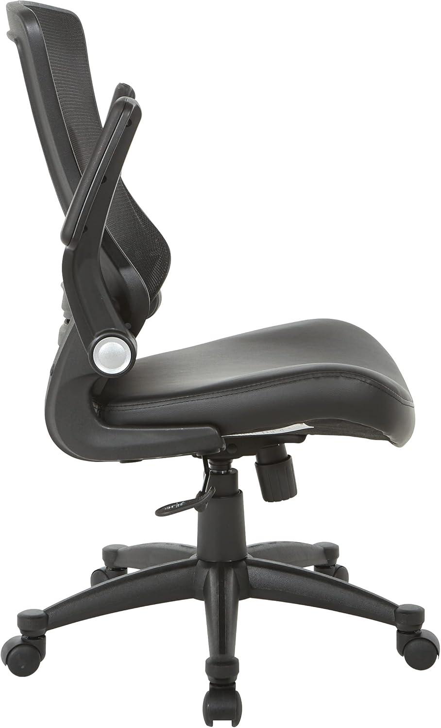 Office Star Products Screen Back Manager's Chair in Black Faux Leather Seat with PU Padded Flip Arms with Silver Accents