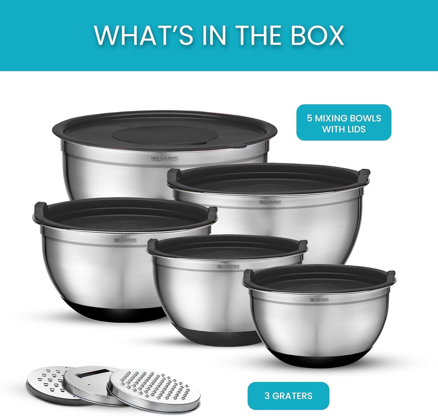 Toledo Bath & Kitchen Stainless Steel Mixing Bowls With Lids, 5-Pack Metal Nesting Bowls With Airtight Covers For Cooking, Baking, Serving, Storage, Non-Toxic & Dishwasher Safe, Size 4.6/3/1.5/1/0.7QT - Khaki