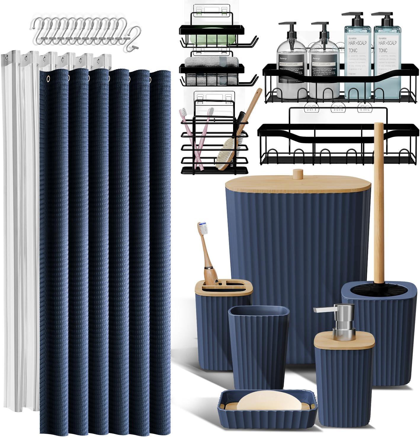 Shower Caddy and Bathroom Accessories Set - 25PC Blue Bathroom Accessory Set with Black Shower Shelf Caddy Set