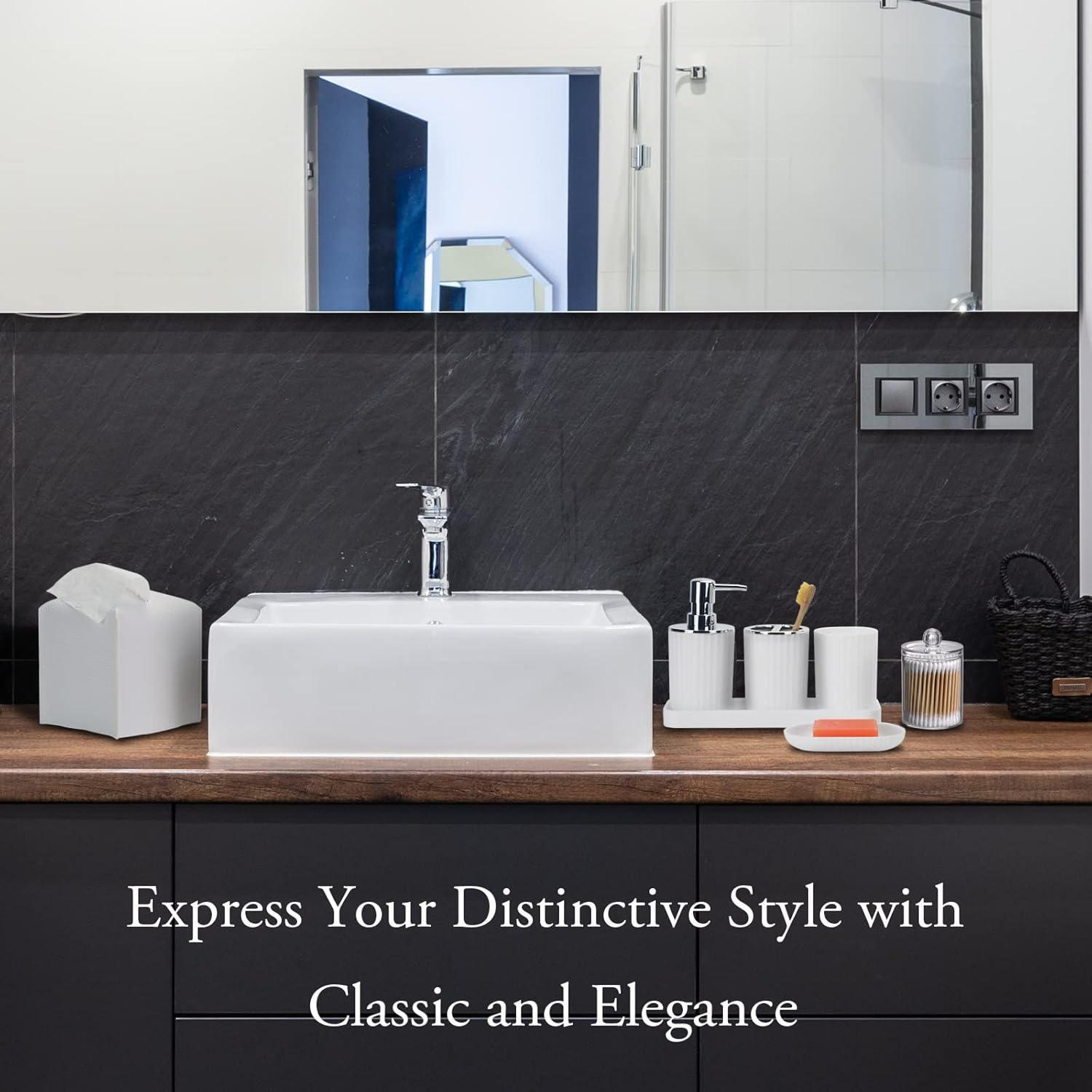 Bathroom Accessory Set - 10 PCS White Bathroom Accessories Sets Complete with Trash Can, Toothbrush Holder, Soap Dispenser, Soap Dish, Toilet Brush & Holder, Vanity Tray, Qtip Holder, Tissue Box Cover