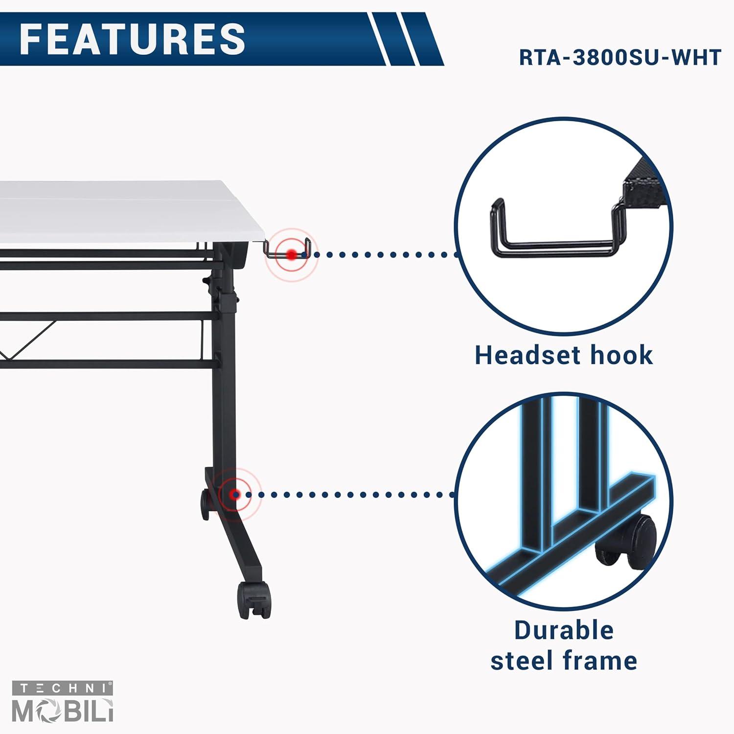 Rolling Writing Desk with Height Adjustable Desktop and Moveable Shelf White - Techni Mobili: Locking Casters, Open Storage