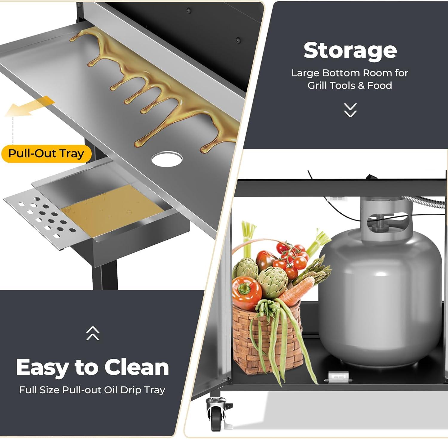 R.W.FLAME 4-Burner Propane Gas BBQ Grill with Side Burner & Cast iron grill net and baking pan, 42,000 BTU Stainless Steel Cabinet Style Propane Grill