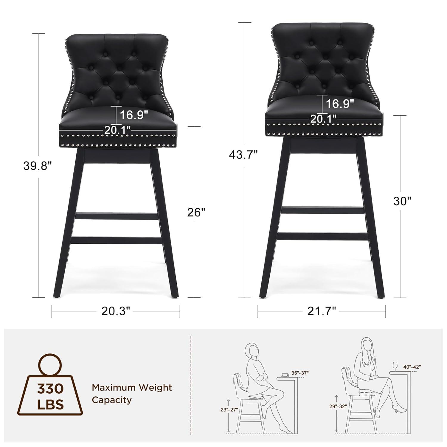 Dycanpo 26'' Swivel Bar Stools Set of 2, Upholstered Barstool with Footrest for Kitchen,Black-Faux Leather