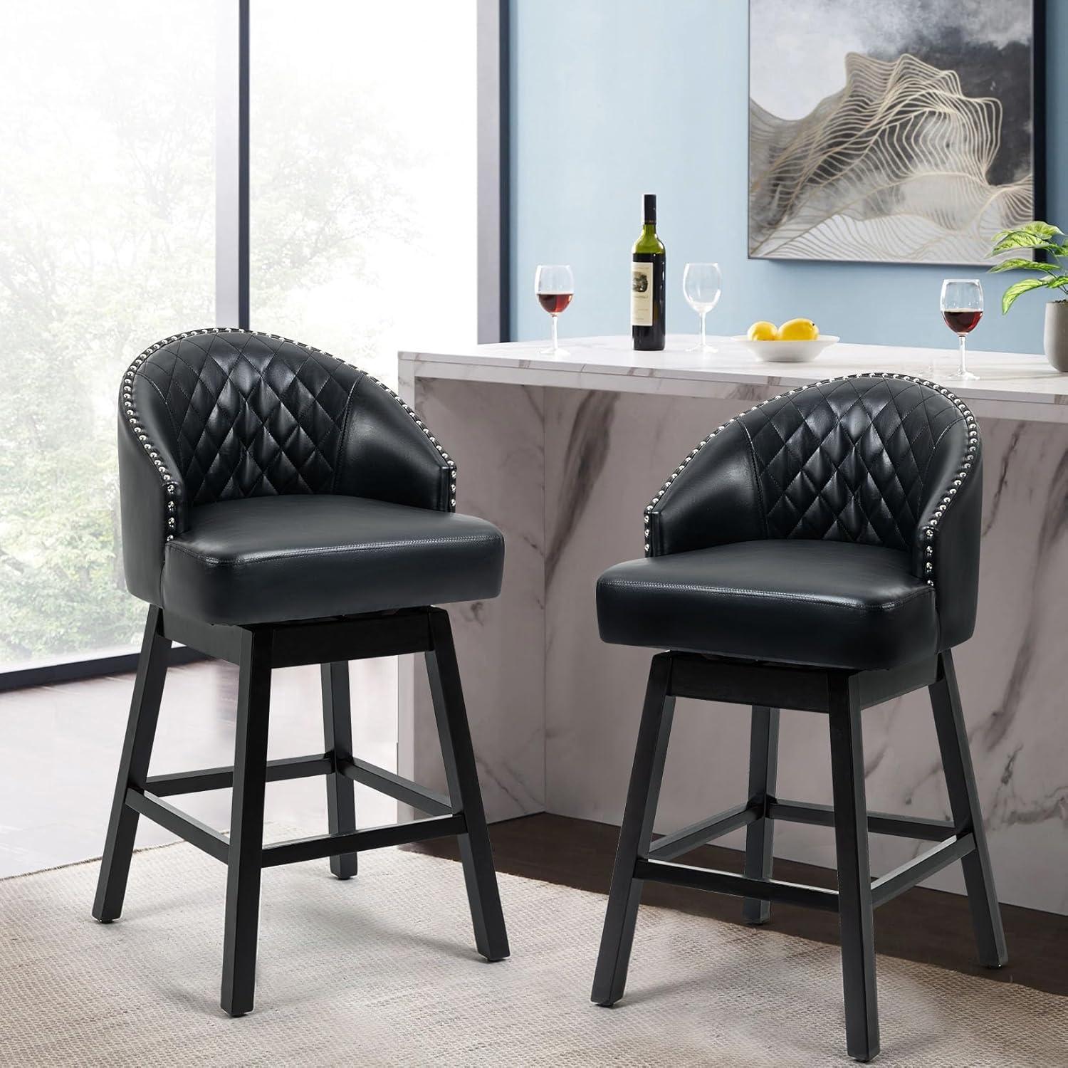 ECOTOUGE Swivel Barstools Set of 2, 29" Seat Height Bar Stools with Back & Rubber Wood Legs, PU Leather Counter Stools for Kitchen Island, Dining Room, Pub & Cafe (2PCS,Black)