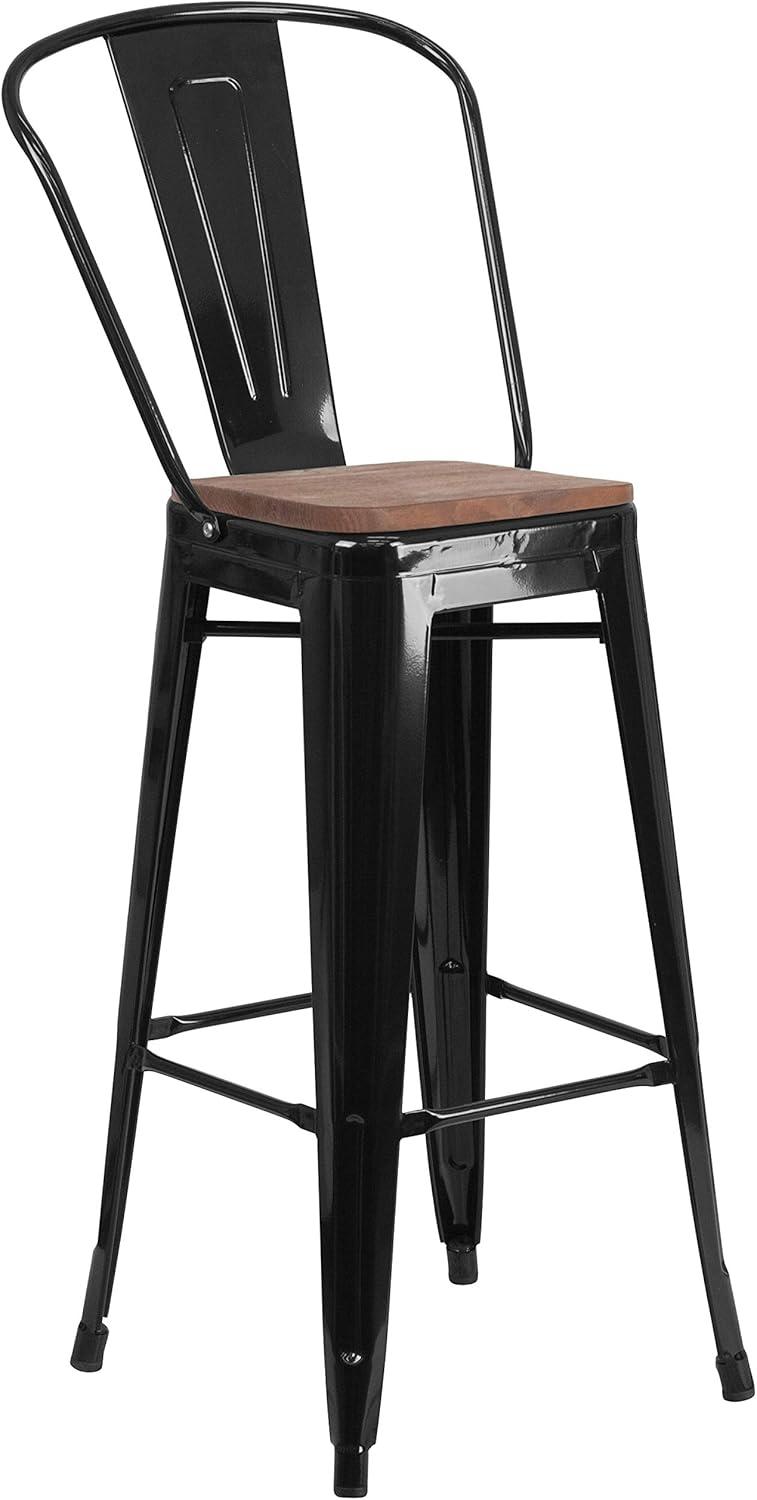 Emma and Oliver 30"H Blue Metal Barstool with Back and Wood Seat