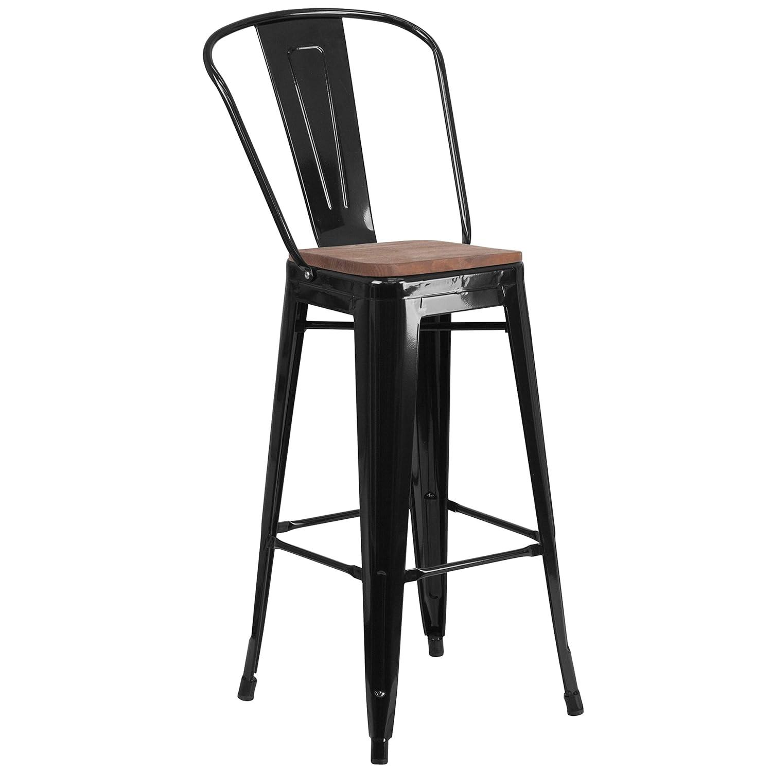 Emma and Oliver 30"H Blue Metal Barstool with Back and Wood Seat