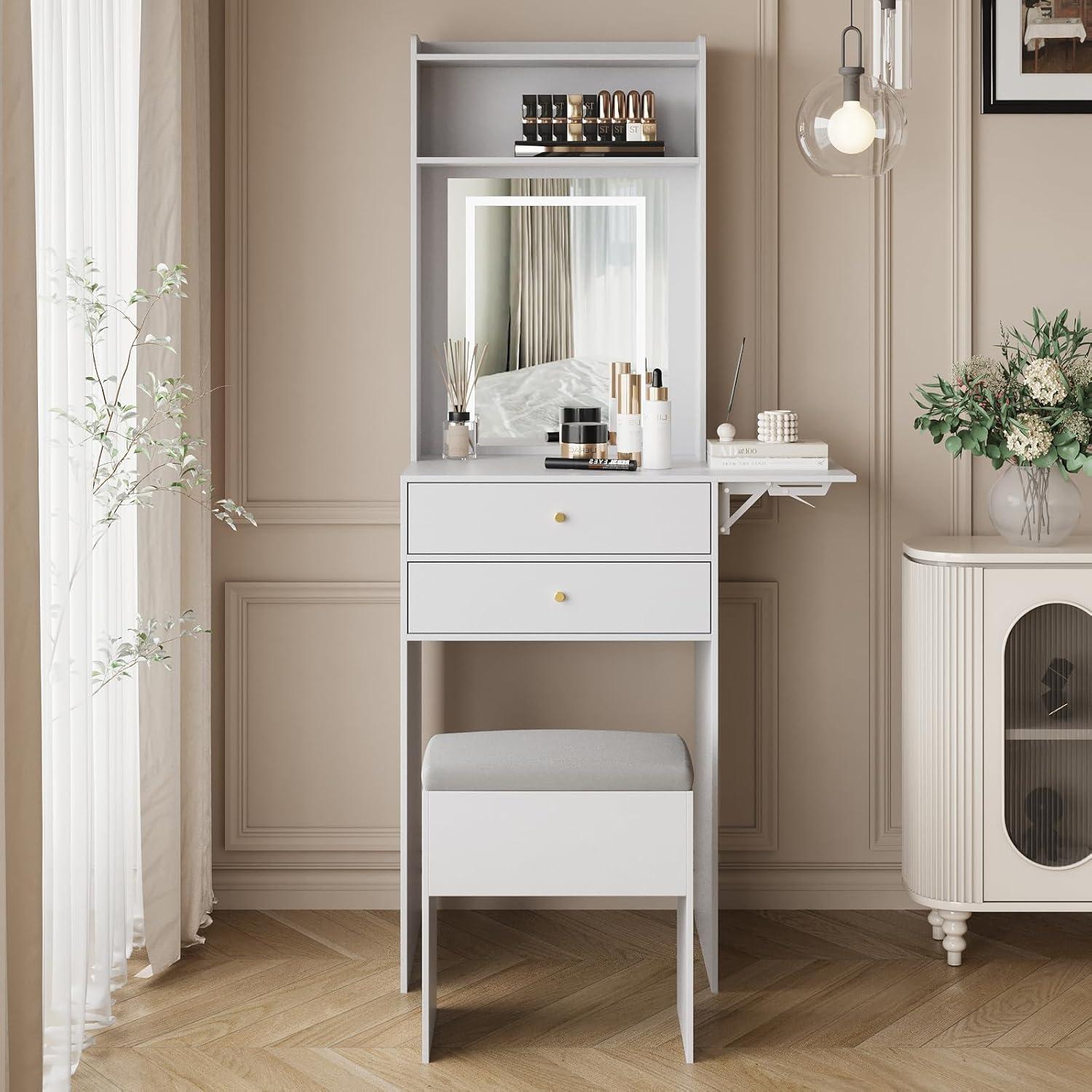 ZHIBING Small Vanity Desk Set with 3 Adjustable Lighted Mirror and Storage Chair, Makeup Vanity Table for Small Space, White Dressing Table with Fold-up Panel for Bedroom