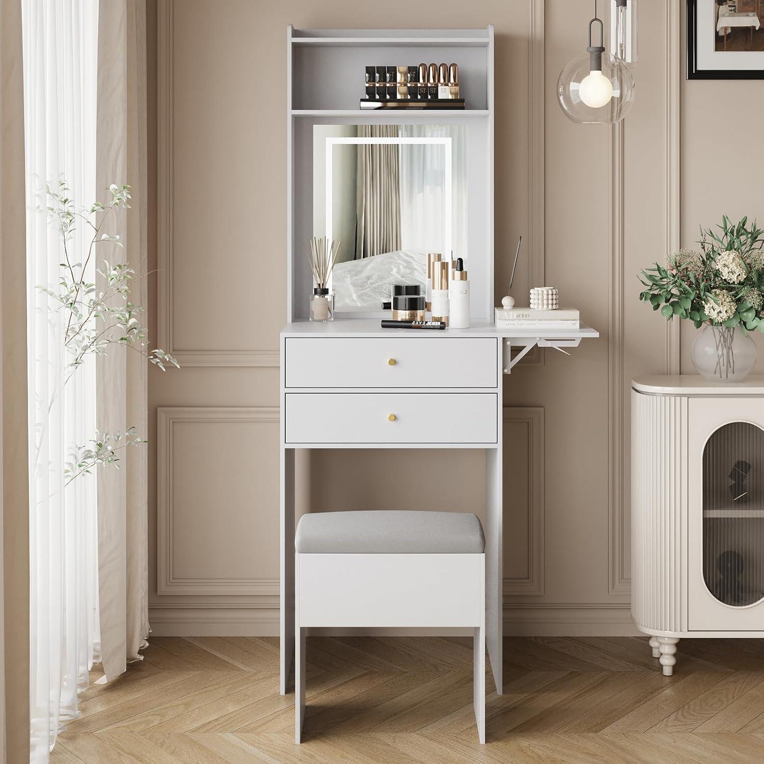 White Small Vanity Desk Set with Mirror and Lights Makeup Table with Drawer, Storage Chair, and Fold-up Panel for Small Space Bedroom
