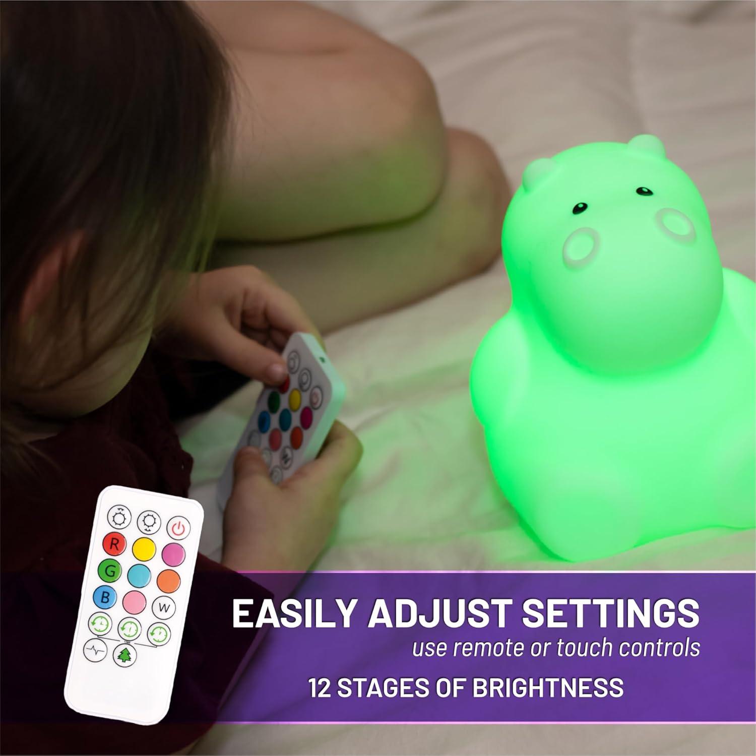 LumiPets Nursery Nightlight: Hippo-Shaped Baby Nightlight - Rechargeable with Remote