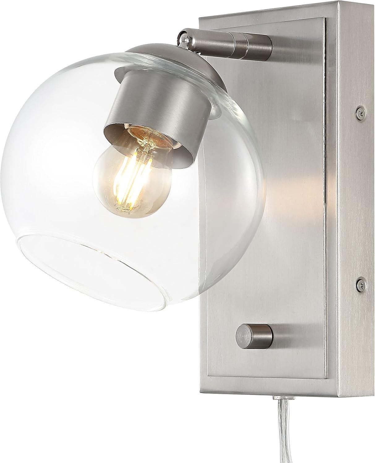 Hugo 6" 1-Light Minimalist Modern Plug-In or Hardwired Adjustable Iron LED Wall Sconce with Rotary Dimmer, Nickel with Clear Globe