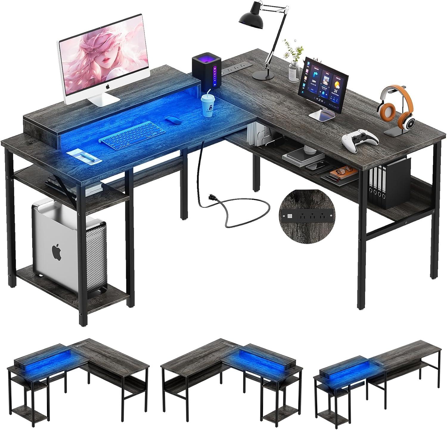 Unikito Reversible L Shaped Desk with Power Outlets and RGB LED Light, Sturdy Computer Desk with Ergonomic Monitor Stand and Storage Shelves, Corner Desk for Home Office, Easy Assembly, Black Oak