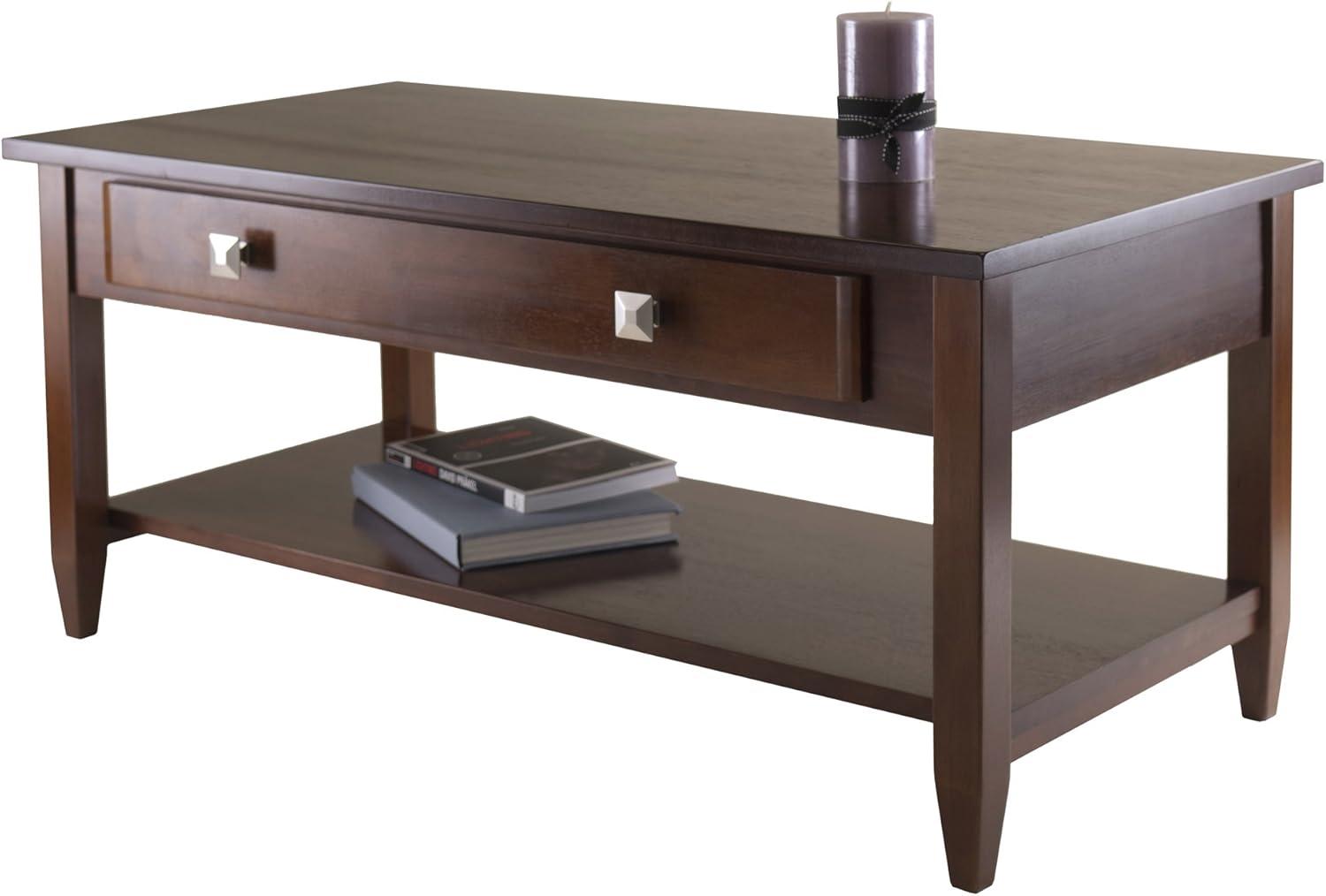 Richmond Coffee Table with Tapered Leg Walnut Finish - Winsome: Storage Shelf, Modern Brushed-Chrome Knobs