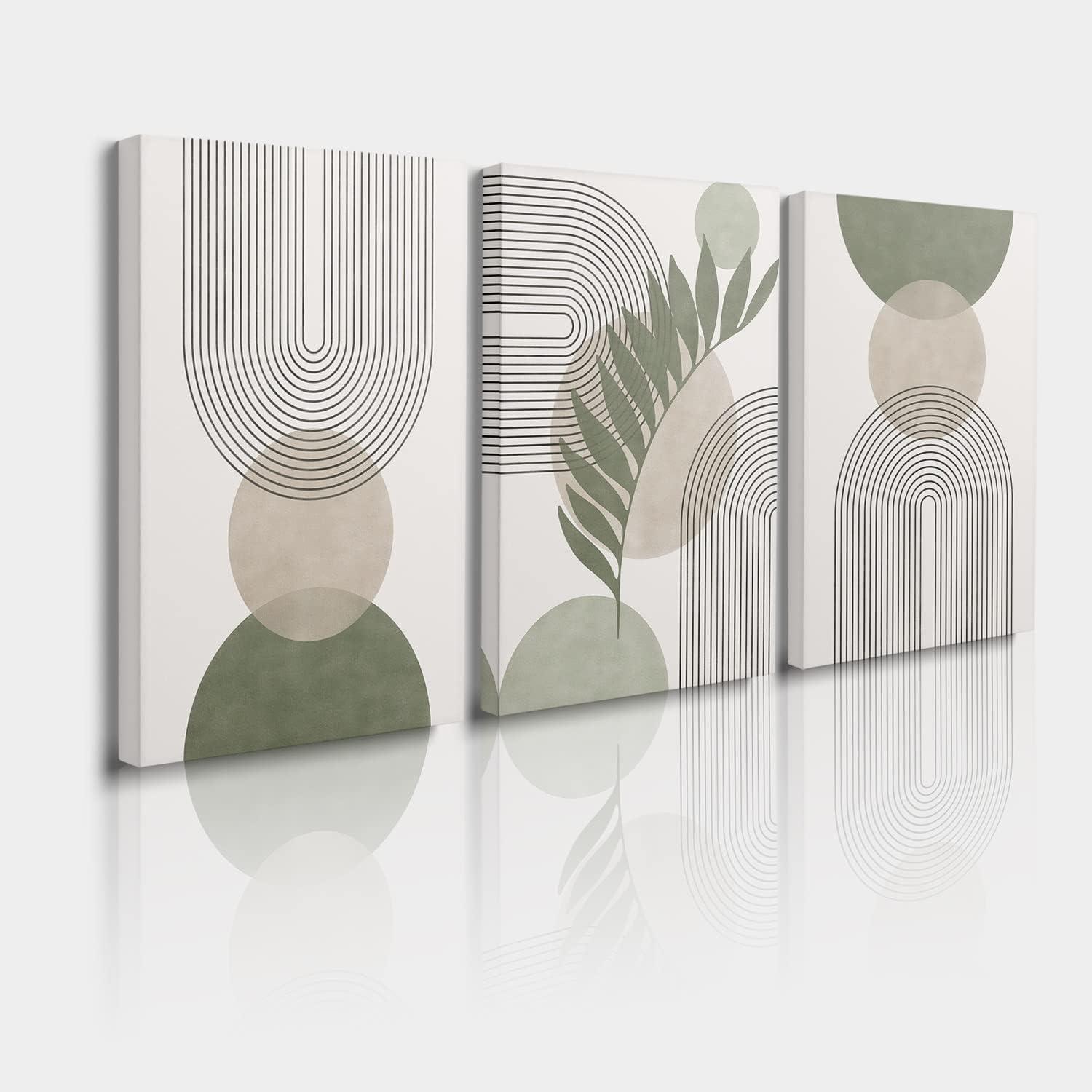 Minimalist Boho Wall Art Set of 3, MidCentury Modern Wall Art, Framed Canvas Wall Art Yellow Green Beige Moon Botanical Geometric Neutral Abstract Artwork Prints, Boho Room Wall Decor Ready To Hang