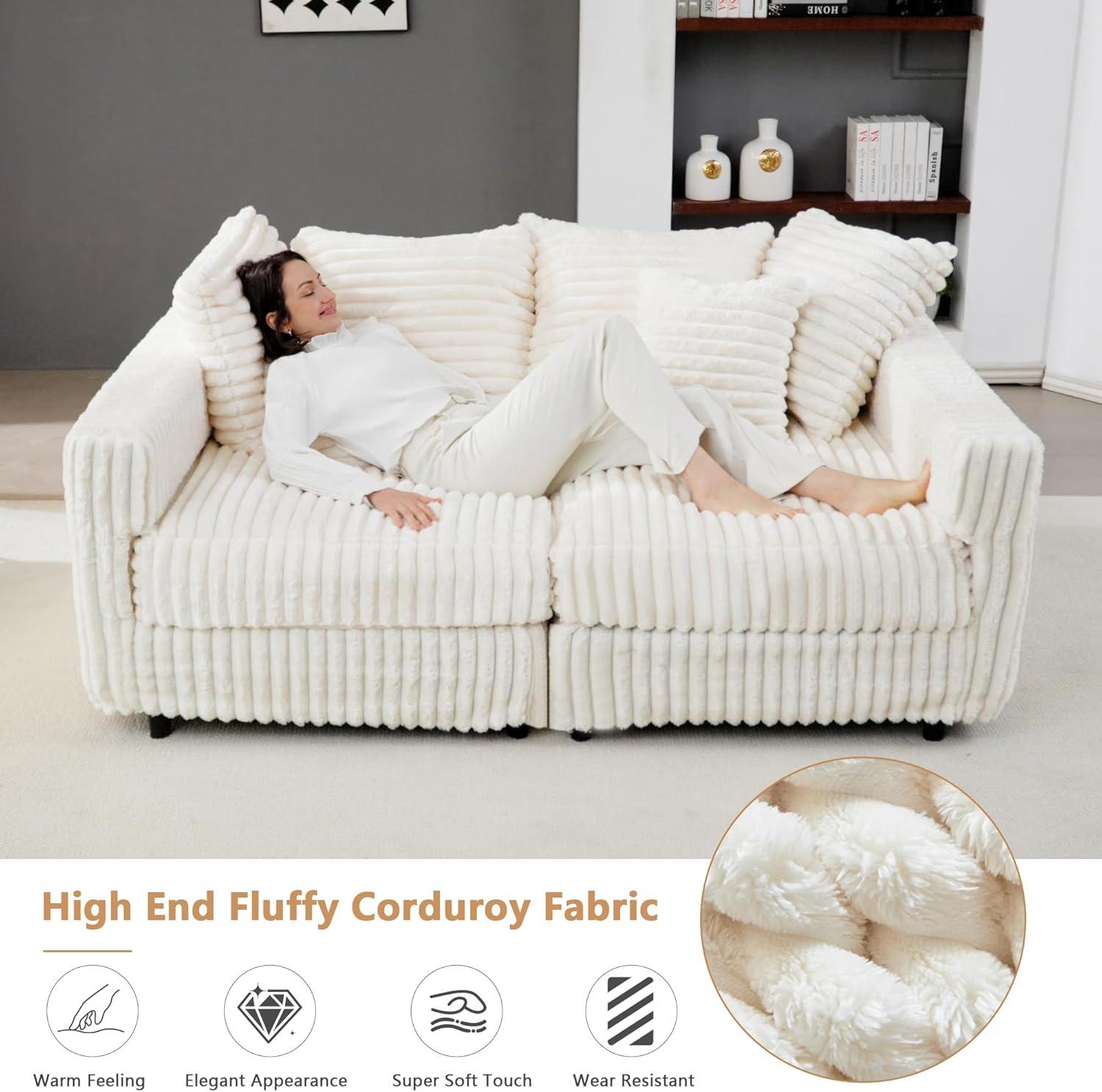 104.3''Cloud Sectional Couch,Oversized Living Room Convertible Sofa, Plush Corduroy Sofa W/6 Soft Pillows,4 Deep Seat Memory Foam Couches,Plush Couch for Living Room, Apartment (Beige)