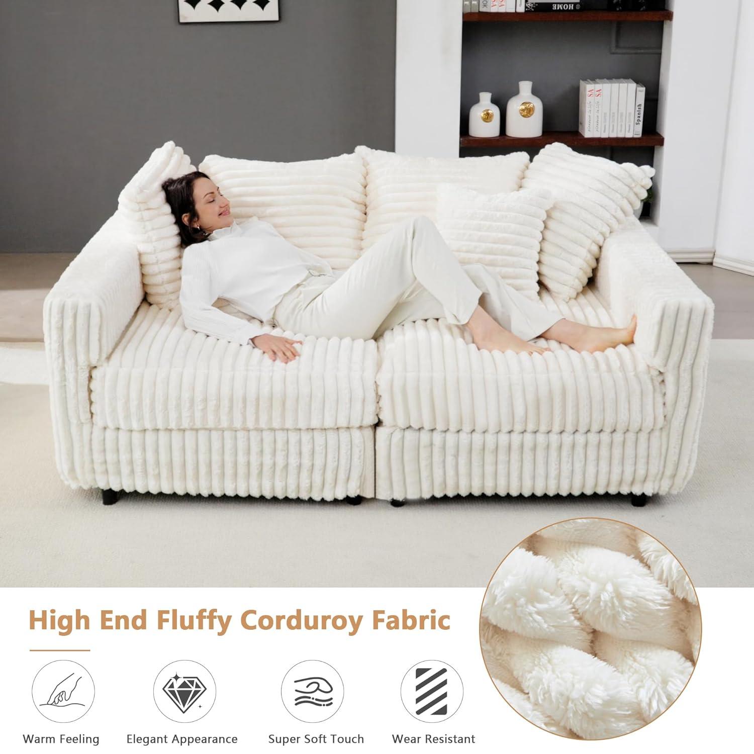104.3'' Cloud Sectional Couch,Oversized Living Room Convertible Sofa, Plush Corduroy Sofa W/6 Soft Pillows,4-Seat Memory Foam Couches,Plush Couch for Living Room, Apartment (Beige)
