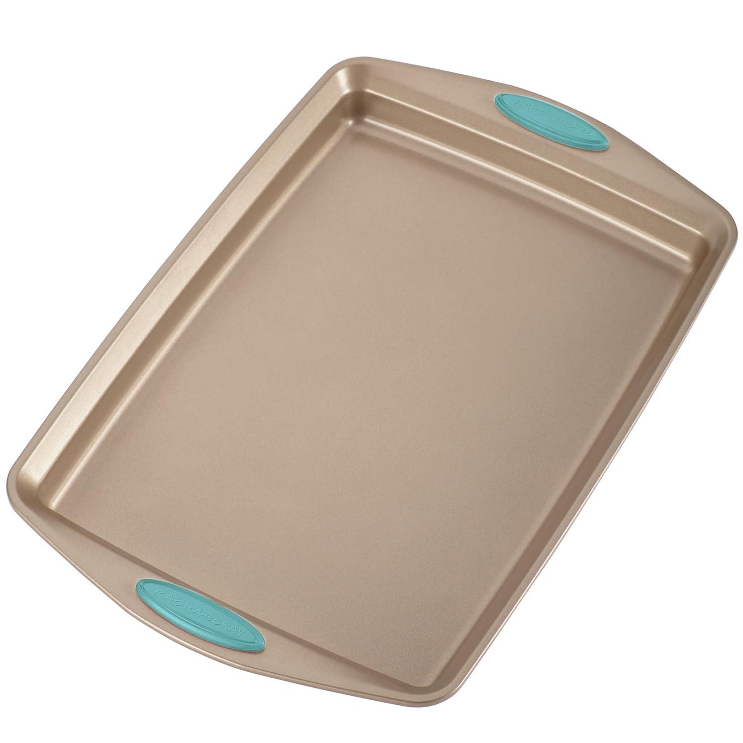 Rachael Ray 47578 Cucina Nonstick Bakeware Set with Grips Includes Nonstick Bread Pan, Baking Sheet, Cookie Sheet, Baking Pans, Cake Pan and Muffin Pan - 10 Piece, Latte Brown with Agave Blue Grips