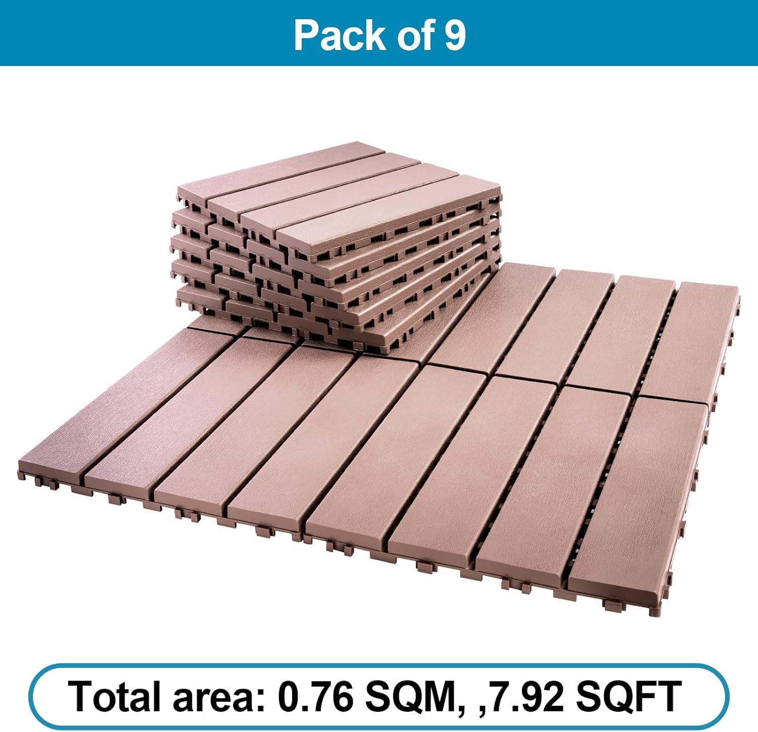 Spurtar Plastic Interlocking Deck Tiles 9 Pack (11.3"x11.3"), Decking Tiles Outdoor Waterproof for All Weather Use - Suitable for Patio Garden Poolside Front/Back Yard Porch Pool Balcony Backyard Grey