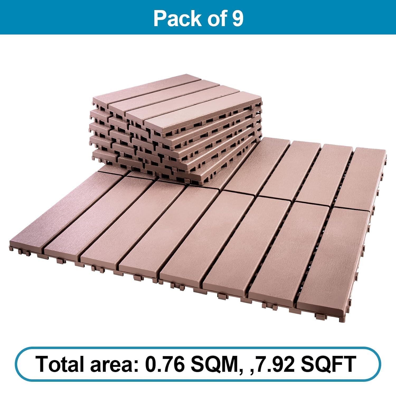 Spurtar Plastic Interlocking Deck Tiles 9 Pack (11.3"x11.3"), Decking Tiles Outdoor Waterproof for All Weather Use - Suitable for Patio Garden Poolside Front/Back Yard Porch Pool Balcony Backyard Grey