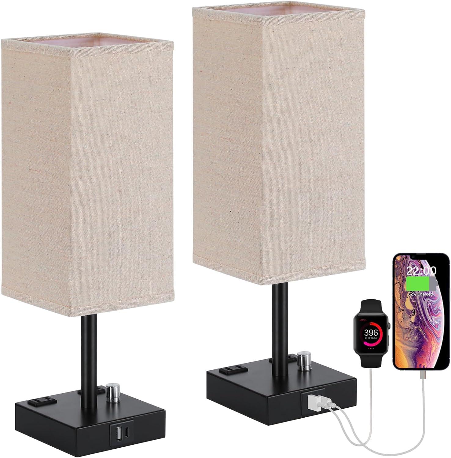 Black Fully Dimmable Nightstand Lamps with USB and AC Outlets