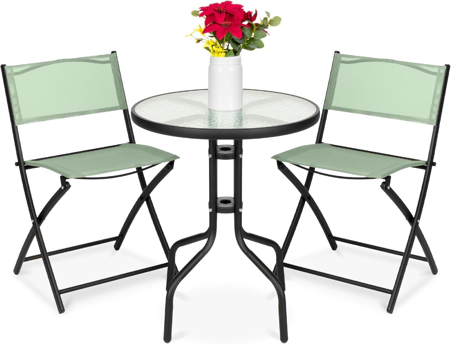 George Oliver 3-Piece Patio Bistro Dining Furniture Set W/ Glass Tabletop, Folding Chairs