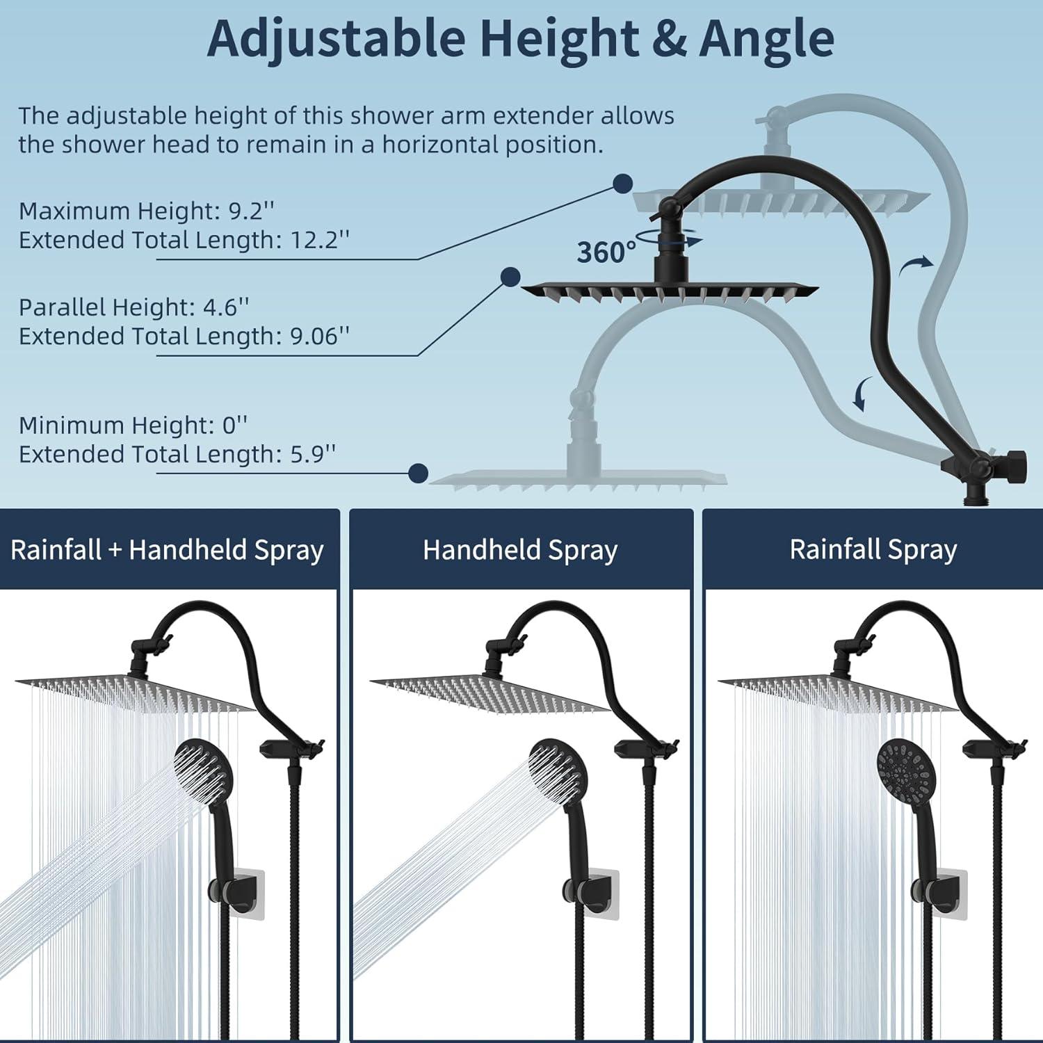 Hibbent 8 Inch Metal Rainfall Shower Head/Handheld Showerhead Combo SCW01-HS070-AS080-MB