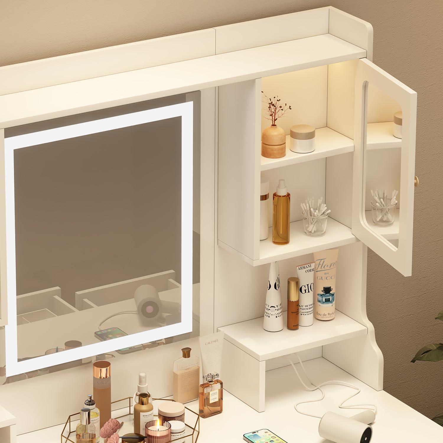 MONTARY Makeup Vanity Desk with Mirror and Lights, Dressing Table , White Vanity Table Set with 6 Drawers & Shelves & 4 Cabinets, 3 LED Lighting Modes Brightness Adjustable