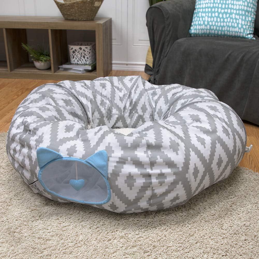 Large Gray and White Polyester Round Cat Tunnel Bed