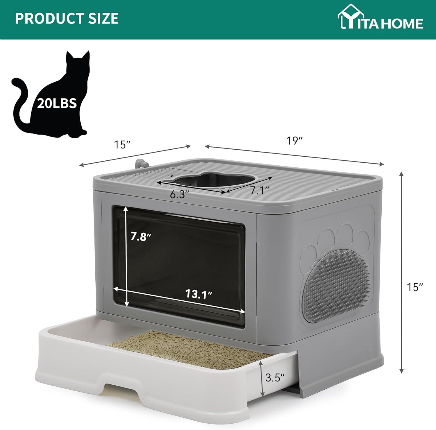 YITAHOME Large Enclosed Cat Litter Box with Lid Cover, Hooded Odorless Cat Toilet with Litter Scoop Cat Self Groomer Deodorizer Filter Front Entry Top Exit Door, Easy to Install and Clean (Gray)