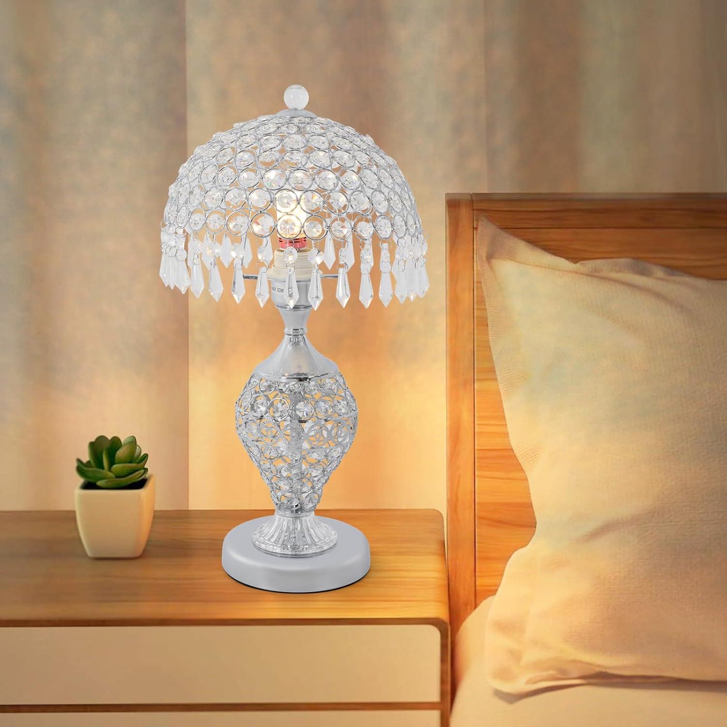 Modern Crystal Table Lamp 18in High Nightstand Table Lamp Bedside End Table Lamp Decorative Room Desk Lamp Crystal Desk Night Light for Bedroom, Living Room