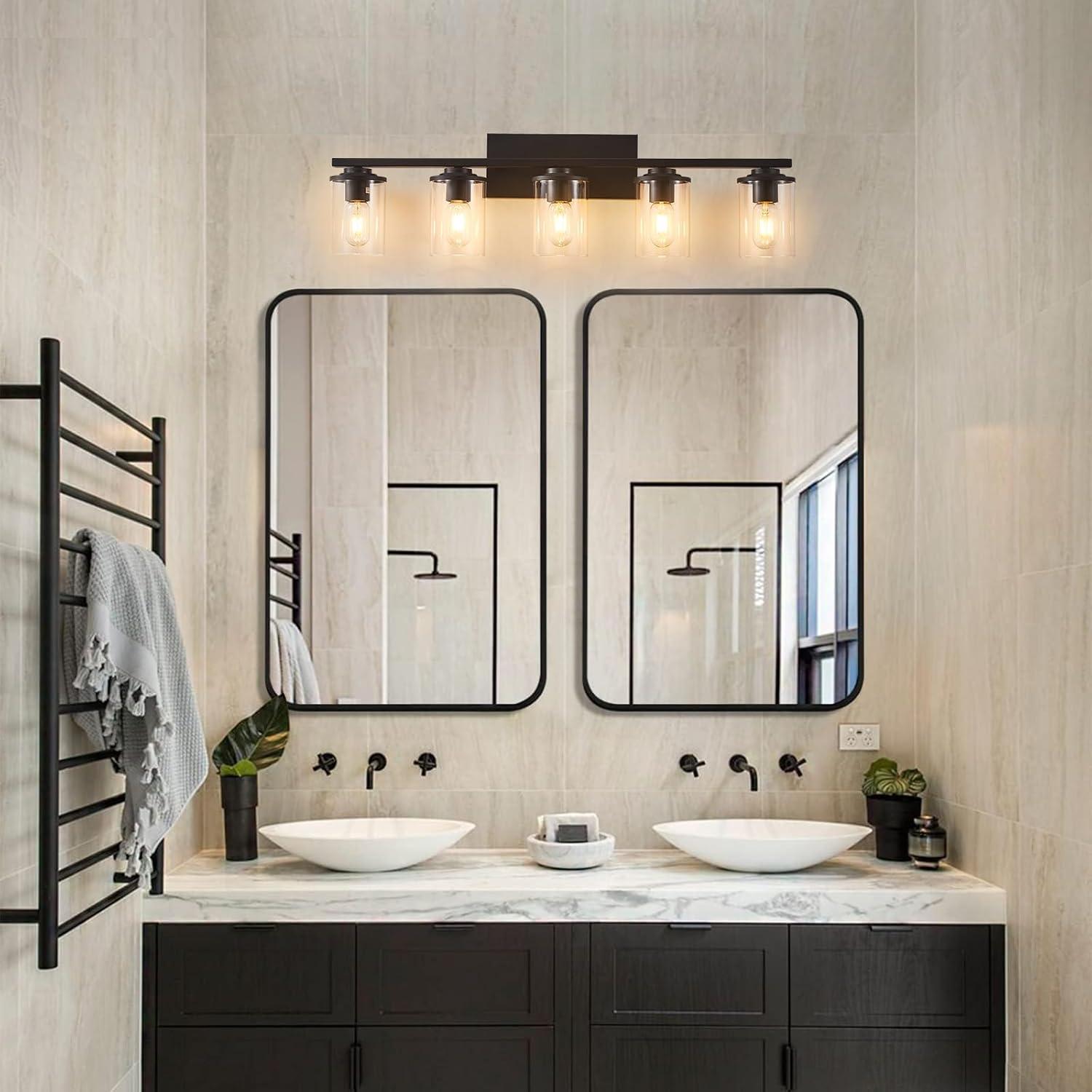 Matte Black 5-Light Bathroom Vanity Fixture with Glass Shades