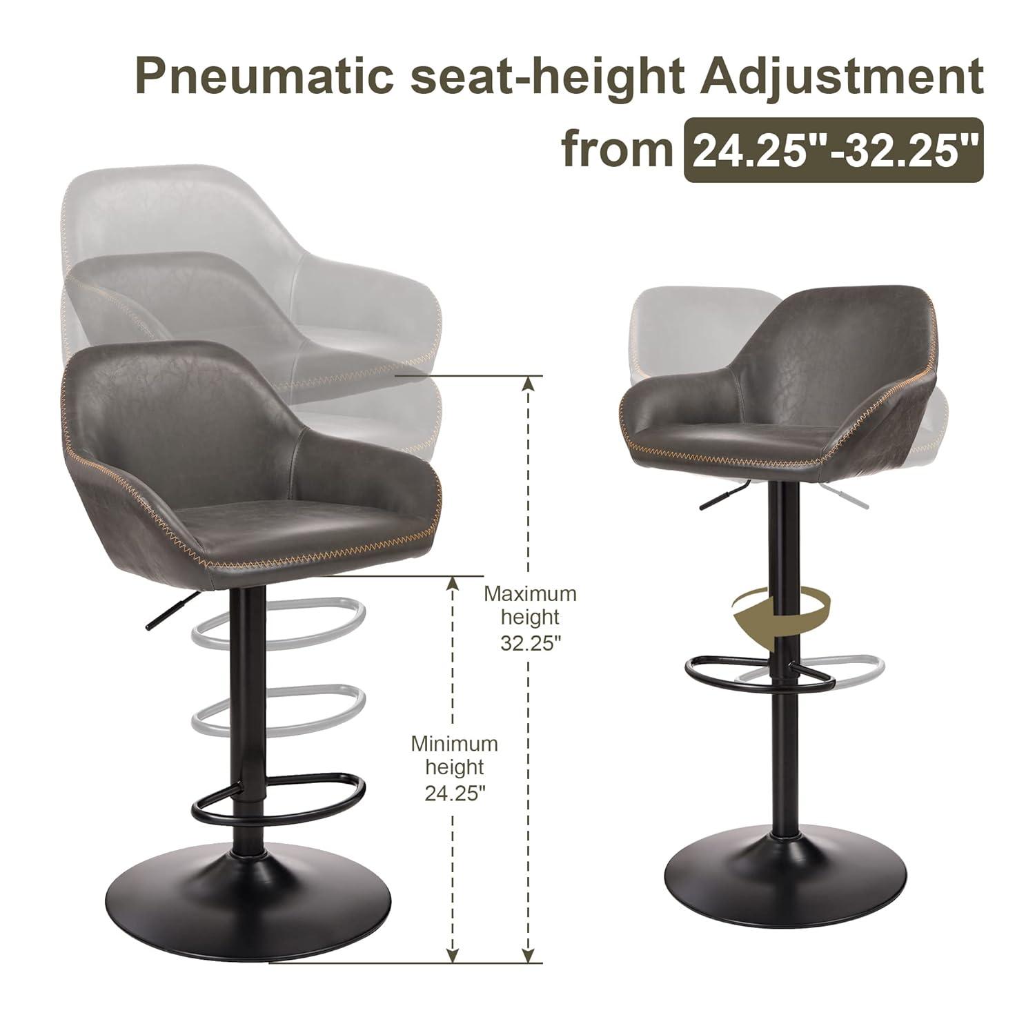 Glitzhome  42"H Mid-Century Adjustable Faux Leather Swivel Bar Stools Low Back Grey Set of 2 Foam, Steel Faux Leather, Foam Footrest, Padded Seat,