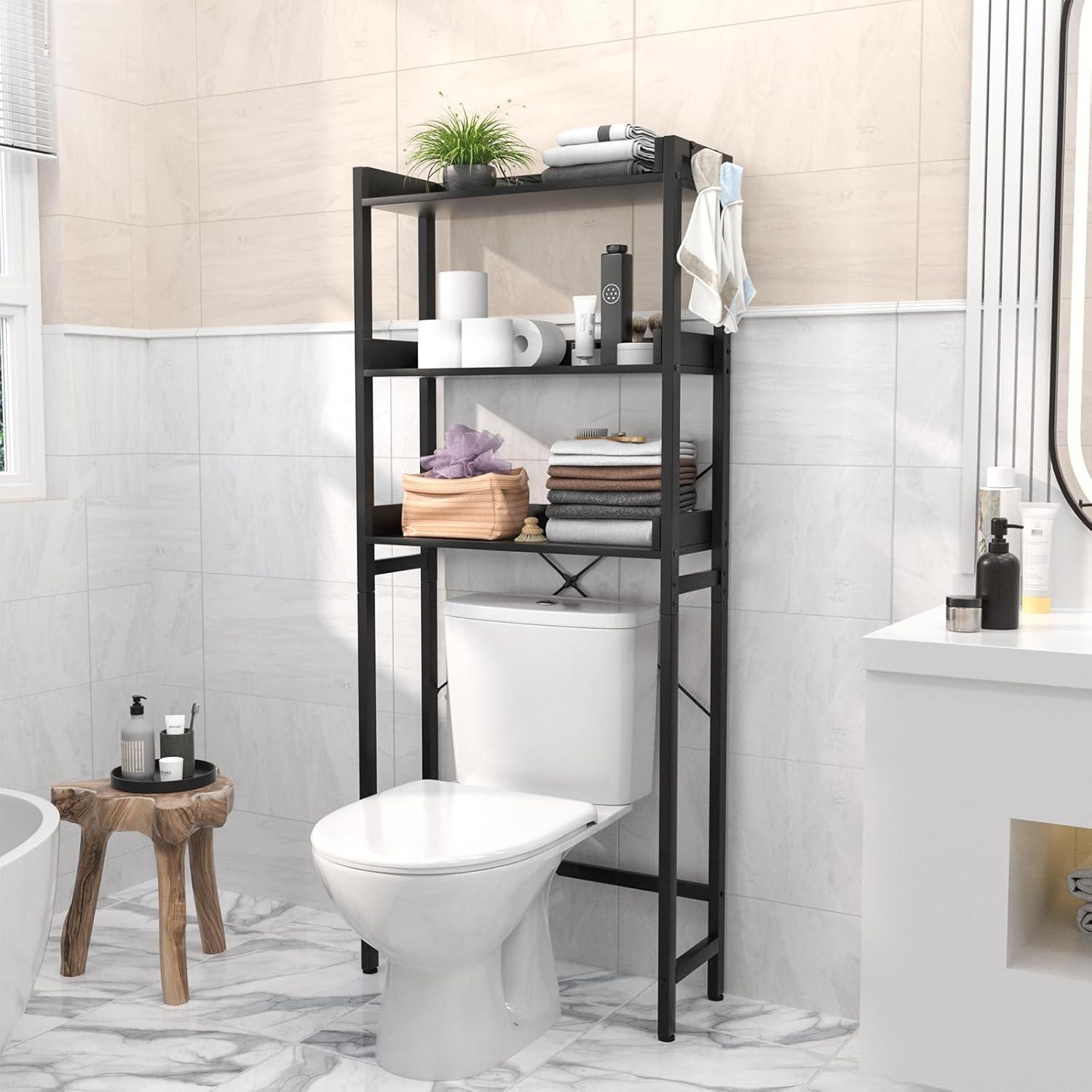 3-Tier Over The Toilet Storage, Space Saver Metal Bathroom Shelves, Freestanding above Over Toilet Storage Shelf with 4 Hooks for Bathroom, Black