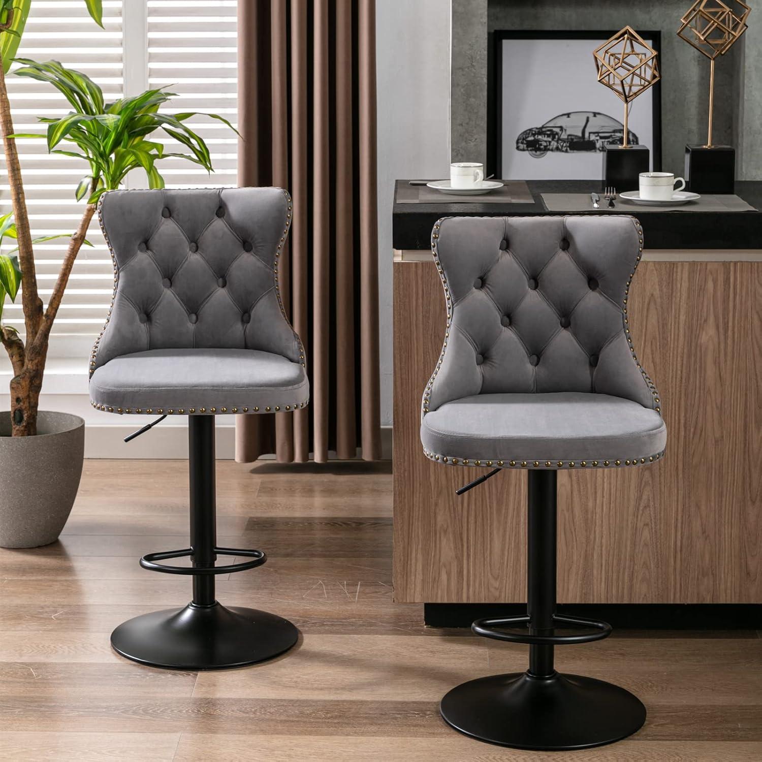 Gray Velvet Adjustable Swivel Bar Stools with Nailhead Trim