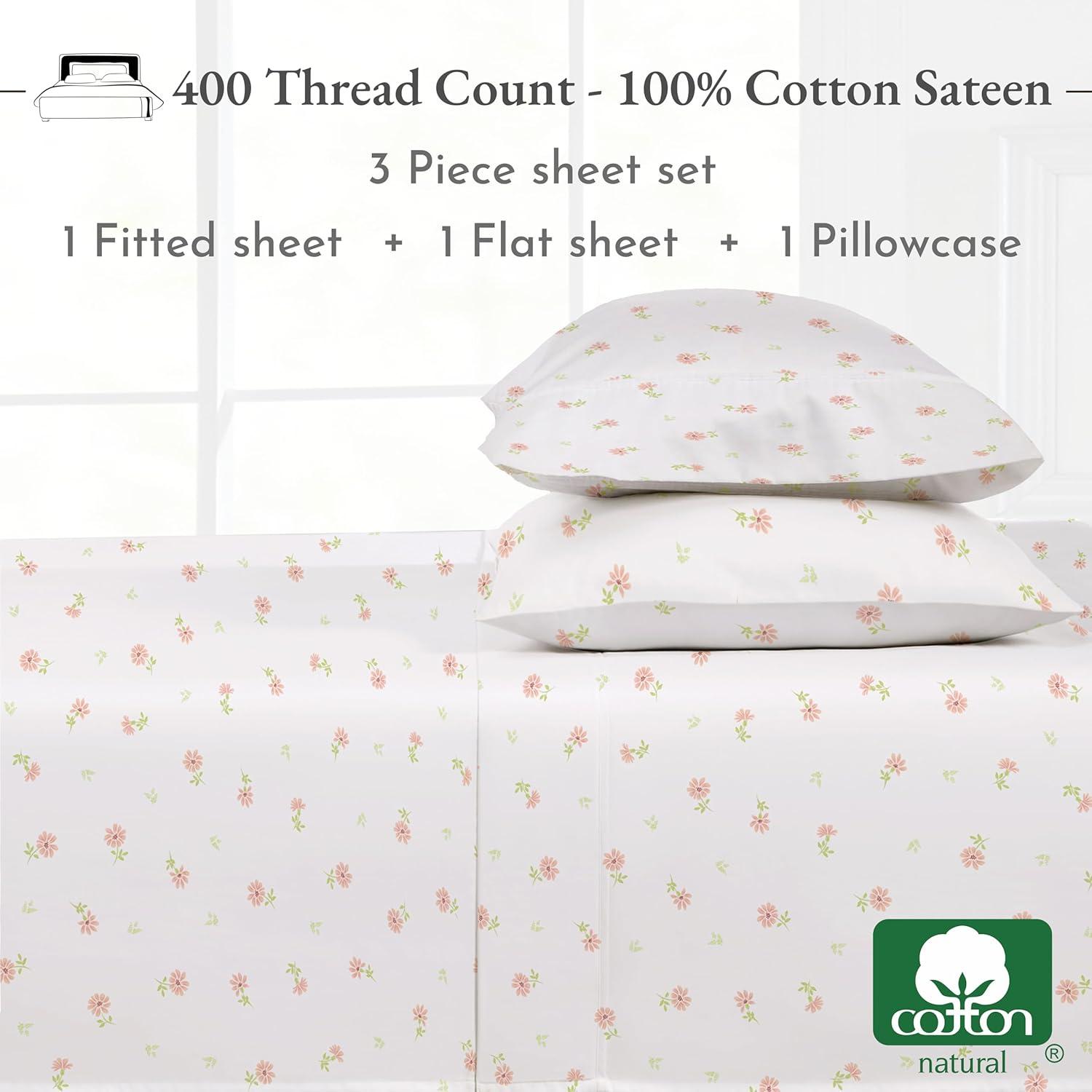 California Design Den Soft Floral Printed Twin Size Sheets Set - 400 Thread Count 100% Cotton Sateen - Soft Floral