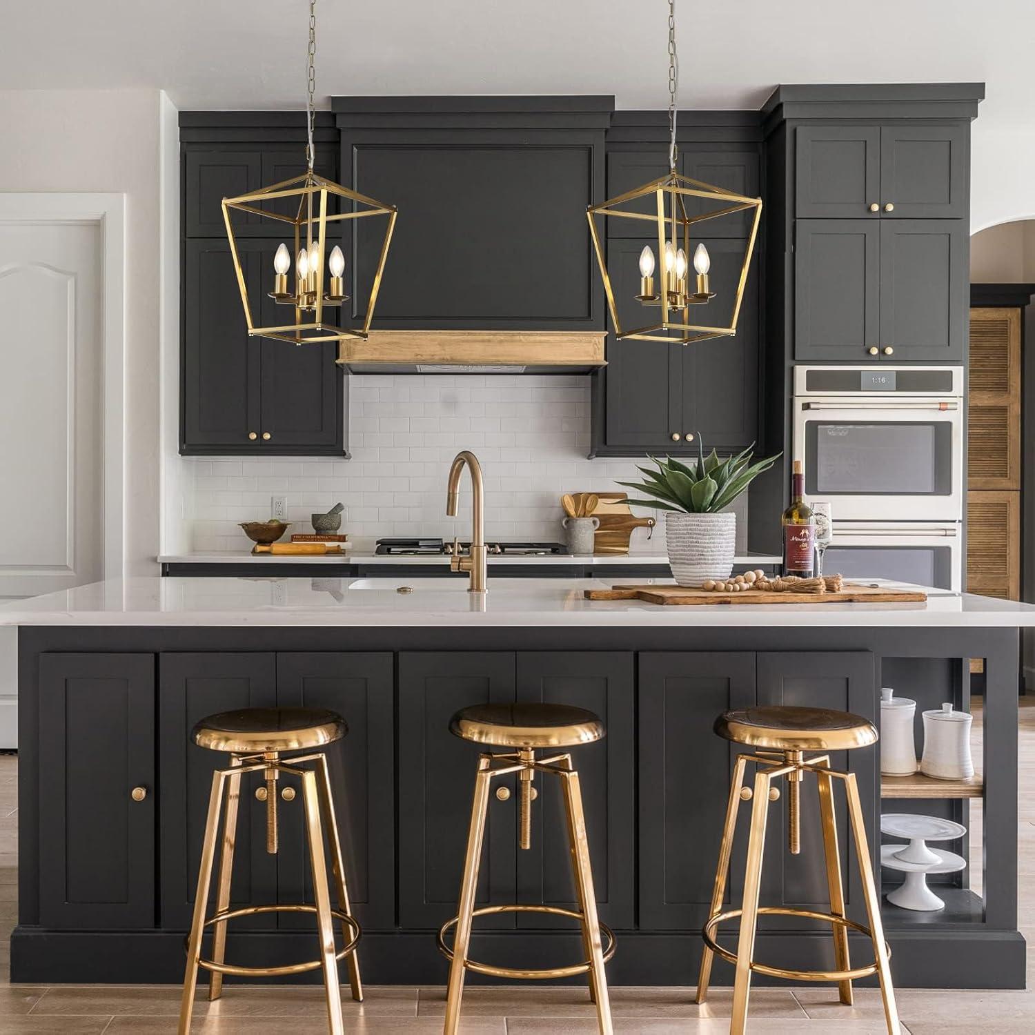 Rustic Lantern Chandeliers 4-Light Ceiling Cage Hanging Lights Gold Pendant Light Fixtures for Kitchen Island Dining Room Farmhouse Entryway Foyer