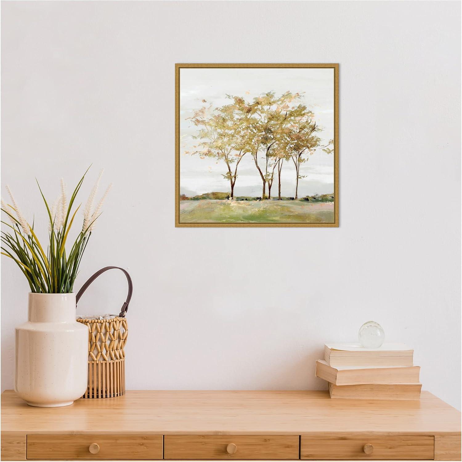 16" x 16" Golden Acre Wood by Isabelle Z Framed Canvas Wall Art - Amanti Art: Serene Meadow & River Trees Scene