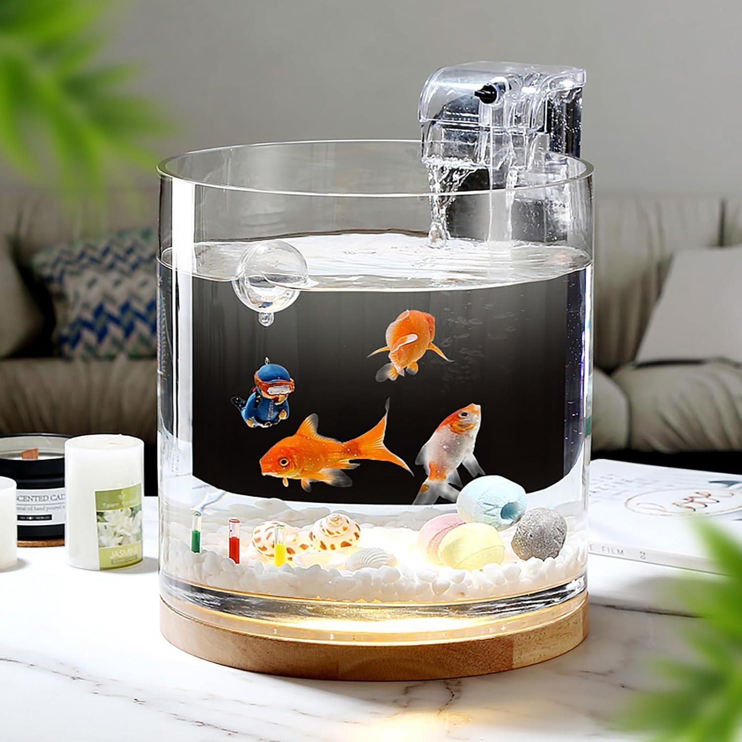 Aquarium Starter Kits 0.81-Gallon Fish Tank(6 inches) for Beginner Cylindrical Betta Fish Bowl with Wooden Base LED Light Water Pump Accessories Self-Cleaning Filter Copyright Patent